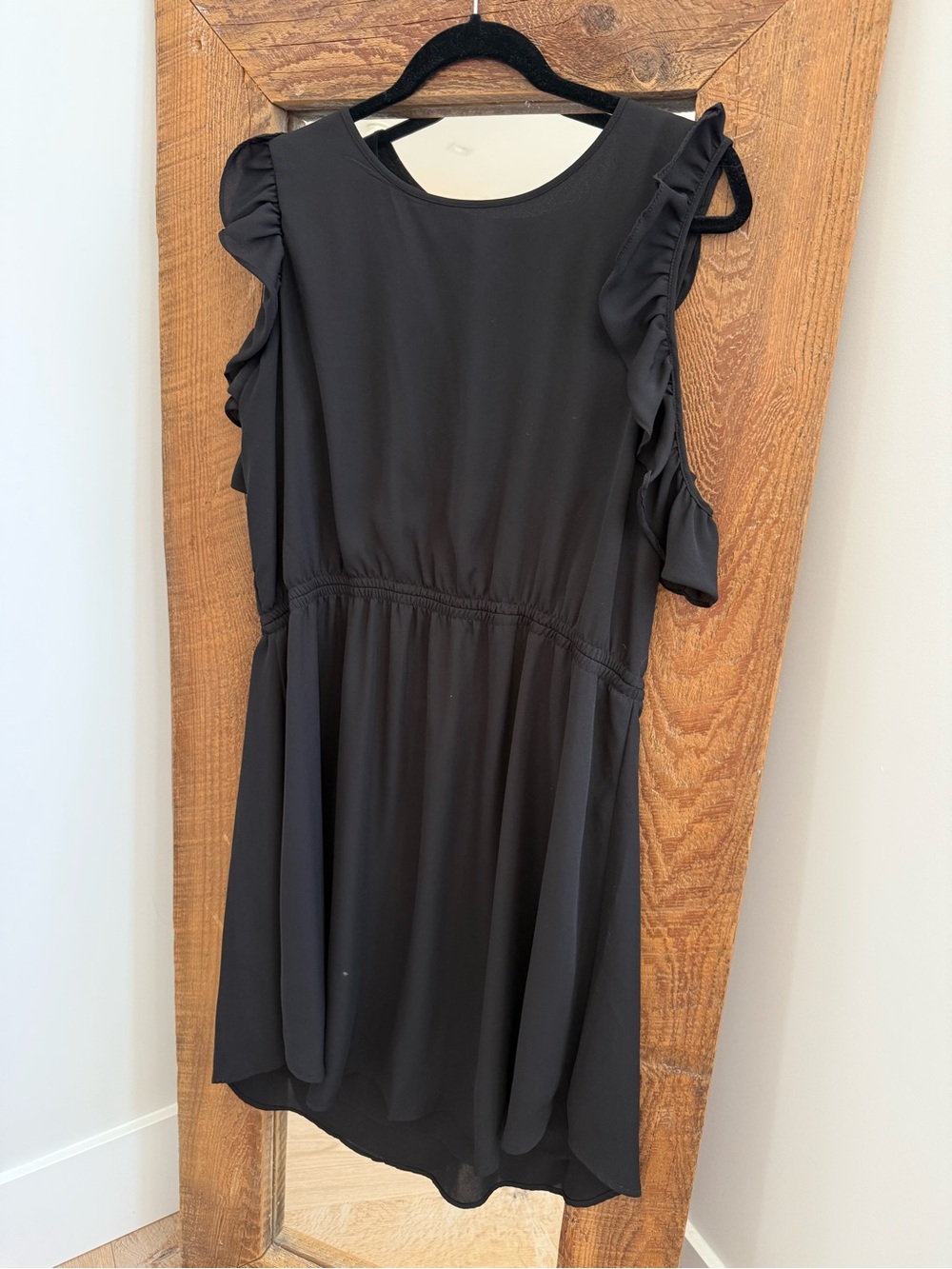 RW&CO. Black Ruffle open Shoulder dress.